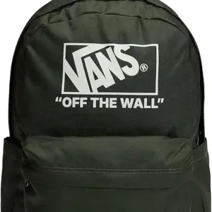 MOCHILA VANS OFF THE WALL VERDE OSCURO CON LOGO BLANCO, ASAS AMARILLAS