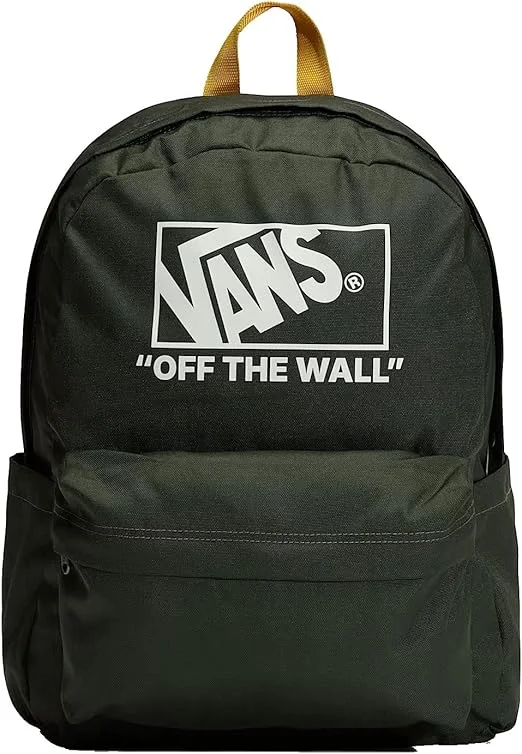 MOCHILA VANS OFF THE WALL VERDE OSCURO CON LOGO BLANCO, ASAS AMARILLAS